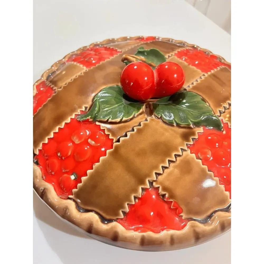 Vintage Ceramic Covered Cherry Pie Lattice Plate and Lid Japan trompe l'oeil 50s